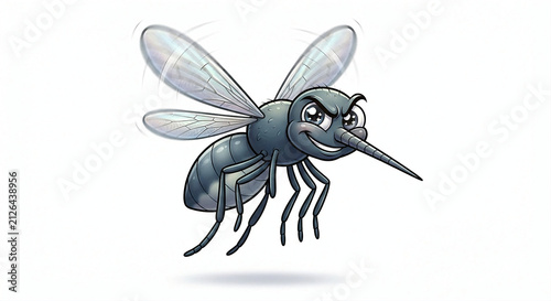 An evil mosquito cartoon character flying with a cunning smirk expression and detailed transparent wings.