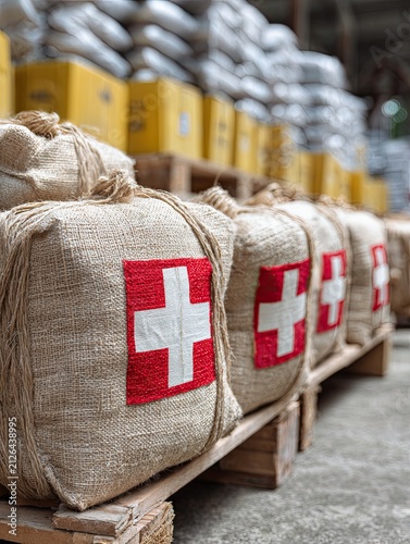 Swiss Cross Burlap Sacks on Pallets in Warehouse