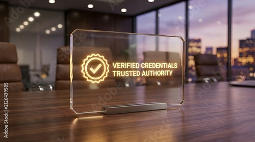 Acrylic desk sign with glowing verified credentials trusted authority text in modern office interior