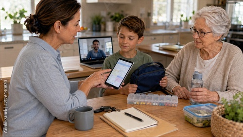 smartphone care app becomes coordination hub connecting meals, medicine, transport and school needs for child, an older parent and wider family.