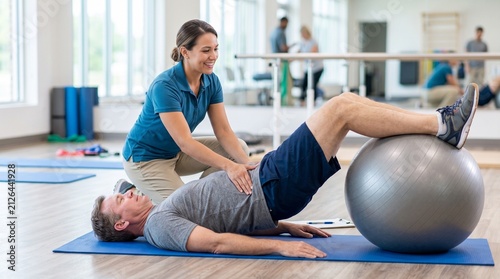 Physiotherapy Session: A male patient performs a bridge exercise with a stability ball while a female physical therapist offers guidance and support in a brightly lit rehabilitation clinic.