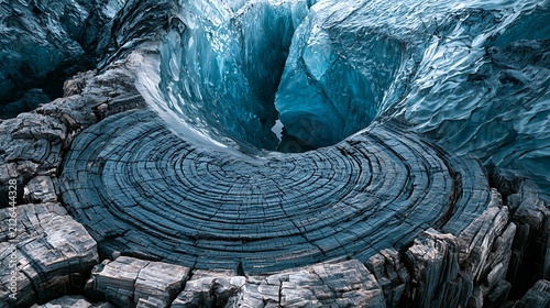 Prompt: A poignant textural double exposure. The glassy, smooth electric-blue walls of a deep glacier crevasse are layered with the dense, circular growth rings of an ancient petrified tree 