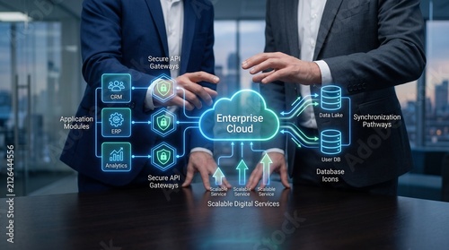 Enterprise cloud computing platform integration and software development concept with businessmen using digital api automation interface for scalable database and application modules system.