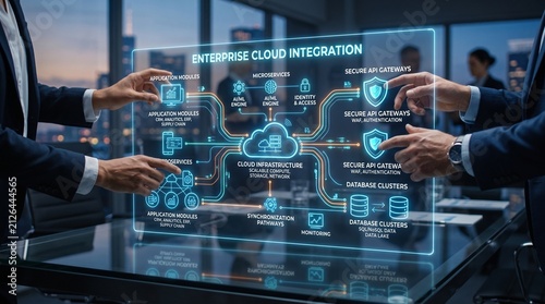 Enterprise cloud integration software platform for api automation and development showing microservices architecture database clusters and secure gateway systems in a modern office setting.