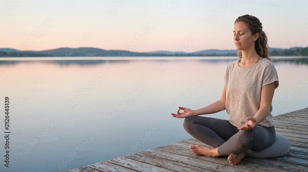Fototapeta premium Woman meditating peacefully on a wooden dock by a calm lake at sunset