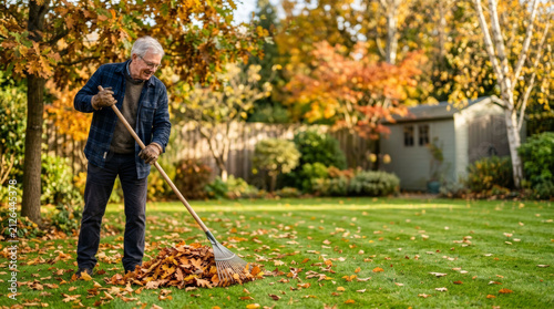 Elderly man raking leaves in a garden during autumn season