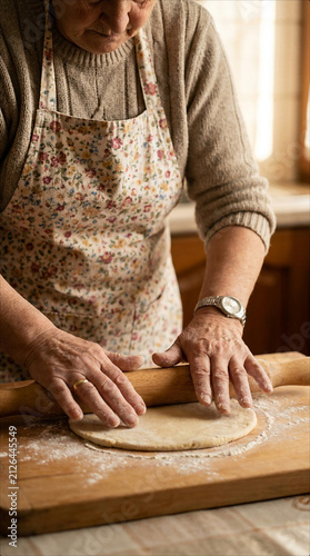 Elderly woman's hands rolling out dough with a wooden rolling pin on a cutting board