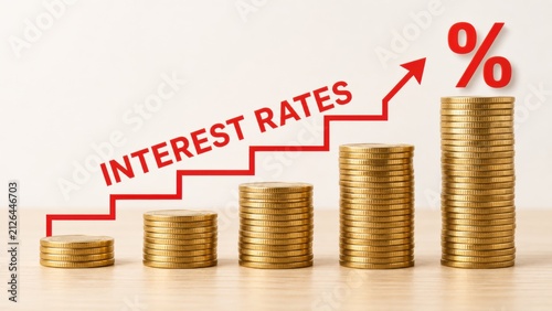 Rising interest rates represented by growing stacks of gold coins with upward red trend line arrow with finance