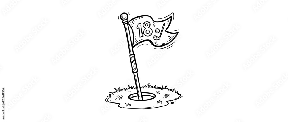 Obraz premium Golf hole flag with number 18, isolated doodle art