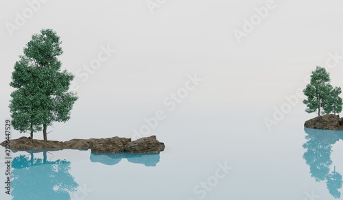 Calm water surface, small islands, rocks, trees, 3D illustration