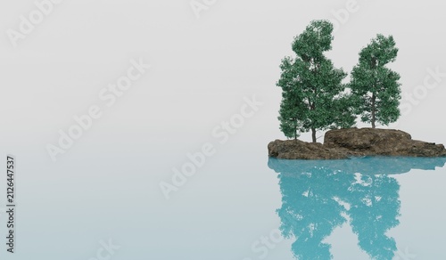 Calm water surface, small islands, rocks, trees, 3D illustration