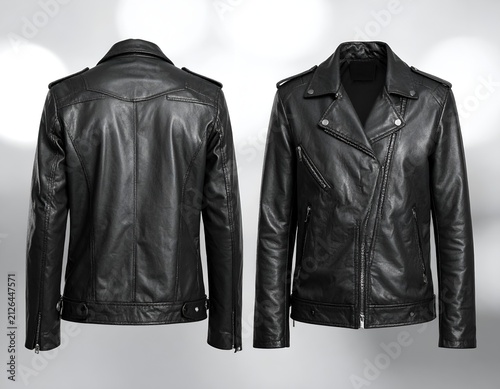 Black leather biker jacket front and back views.
