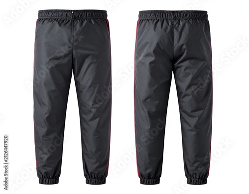 Black windbreaker pants with thin red side stripes.