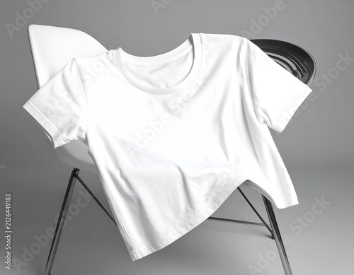 Casual white t-shirt draped over a black chair.