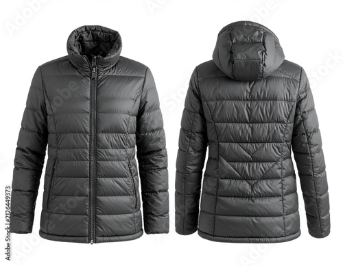 Charcoal hooded puffer jacket front and back view.
