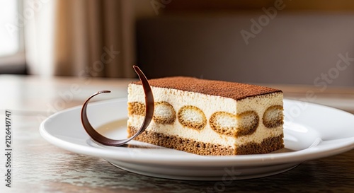 Classic tiramisu cake slice garnished with dark chocolate swirls.