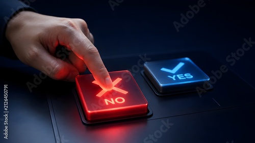 Hand pressing a glowing red no cross button beside a blue yes checkmark representing negative choice