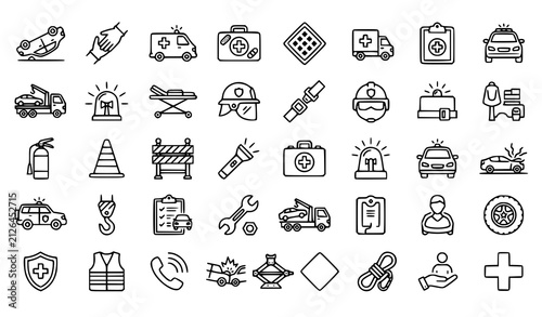 Cuadro en lienzo Car Rollover Accident Rescue Icon Set Vector