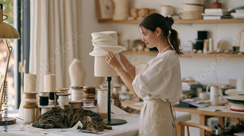 Over the shoulder view of a millinery studio where a solitary artisan adjusts a sculptural fascinator on a hat stand surrounded by ribbon spools and blocking forms, autumn