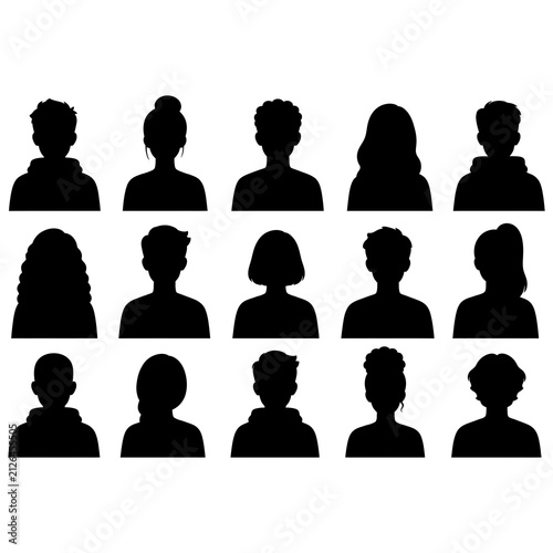 Set of diverse human head silhouettes representing various user profile avatars isolated on transparent background