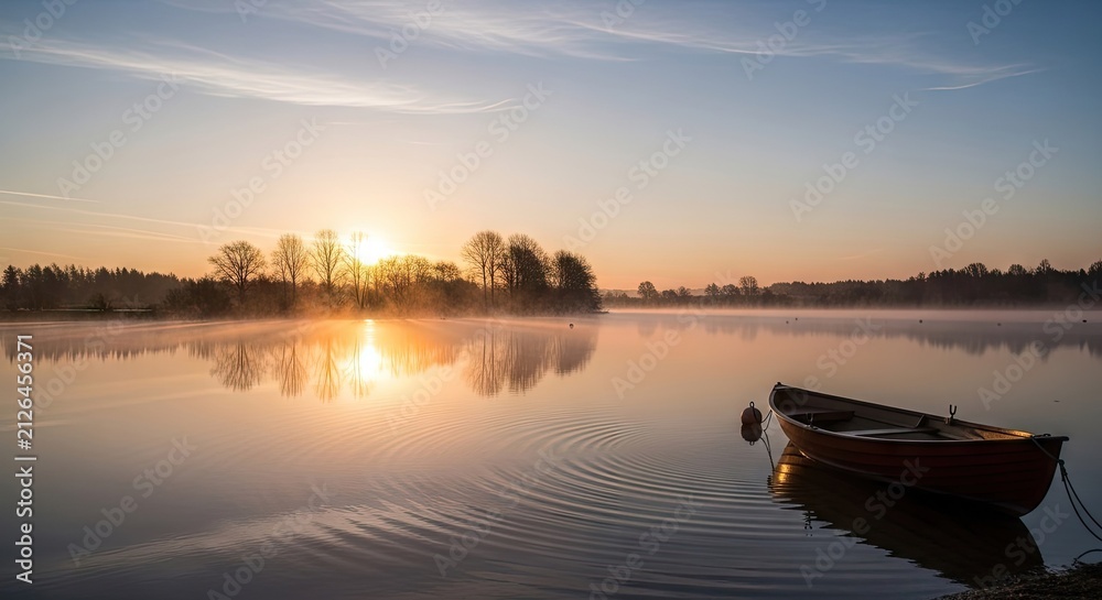 Fototapeta premium Peaceful sunrise over misty lake with small wooden boat.