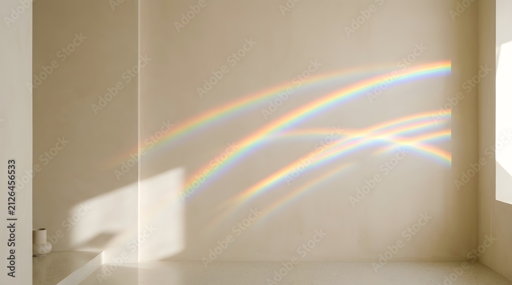 Obraz premium Vibrant prismatic rainbow light reflections cast curved multicolored arcs across a soft neutral textured surface during a bright sunny afternoon