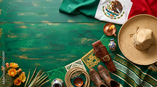 Elegant Revolución Mexicana Background with Sombrero and Mexican Flag. traditional Revolución Mexicana painting.