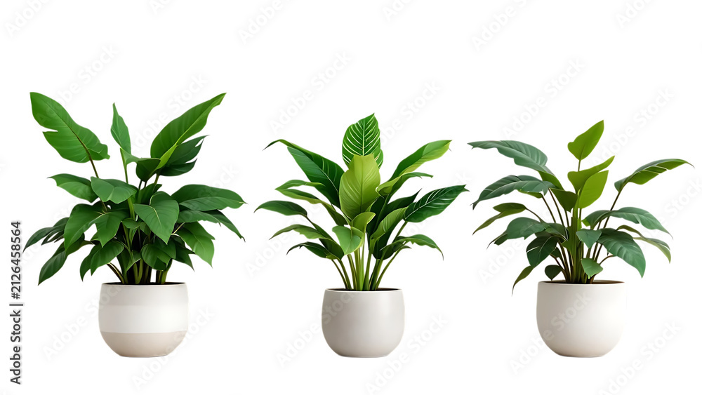 Fototapeta premium Three lush green potted houseplants with vibrant leaves and white ceramic pots arranged side by side on a clean white background transparent background