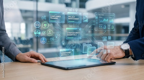 Corporate elearning and digital education platform with ai training modules for cybersecurity compliance project management and leadership development on a virtual tablet interface.