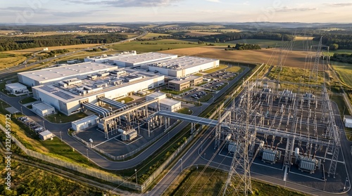 Quadro su tela Golden Hour Aerial of a Large White Data Center Campus Facing a Big High Voltage