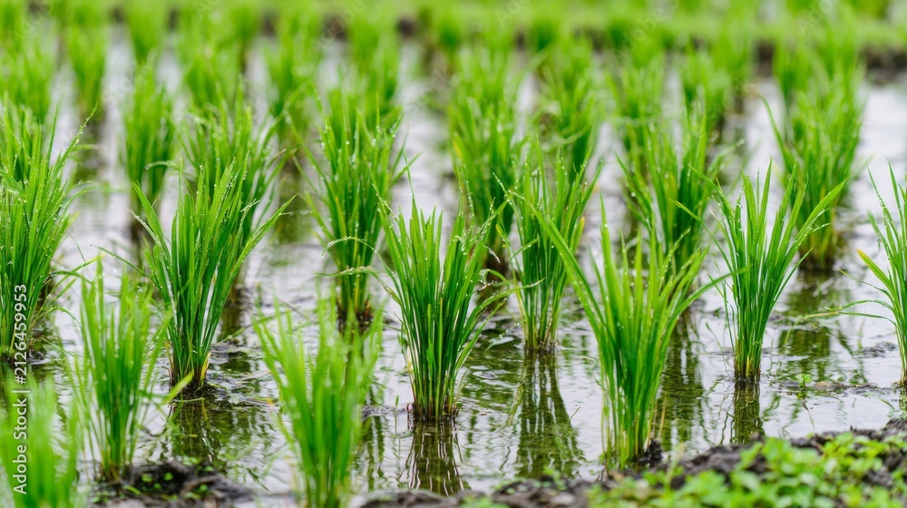 Fototapeta premium Lush Green Rice Plants Growing in Waterlogged Rice Fields During Daylight Under Natural Lighting Conditions