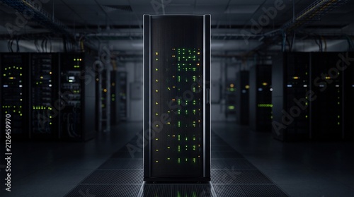 Three Quarter View of a Single Closed Black Server Cabinet on a Raised Floor Tile in a Dark Data Hall Its Mesh Front Door Backlit by Scattered Green and Amber Status LEDs Technology
