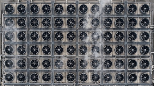 Top Down Aerial of a Cooling Tower Roof Deck With Clusters of Paired Black Fan Cells on Weather Stained Pale Concrete and Thick White Steam Plumes Drifting Diagonally Industry