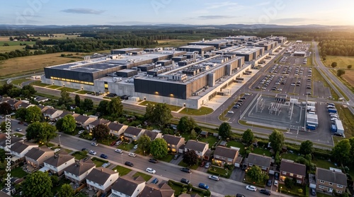 Elevated Golden Hour Aerial of a Long Dark Clad Data Center Hall With Solar Panels and a Fenced Substation Directly Behind a Neat Northern European Housing Street Technology