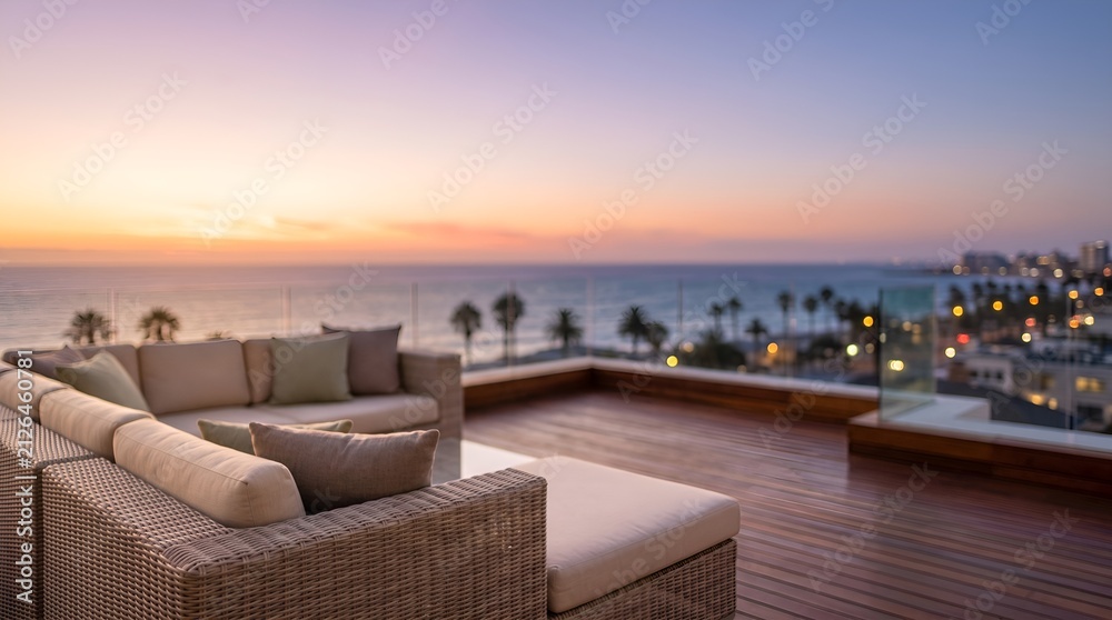 Fototapeta premium Outdoor rooftop lounge deck overlooking ocean sunset and coastal city skyline with comfortable sofas.