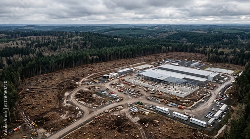Overcast Aerial of a Data Center Under Construction on a Raw Clear Cut With a Half Erected Steel Frame Poured Concrete Walls Site Trailers and Cranes Over Churned Mud Industry