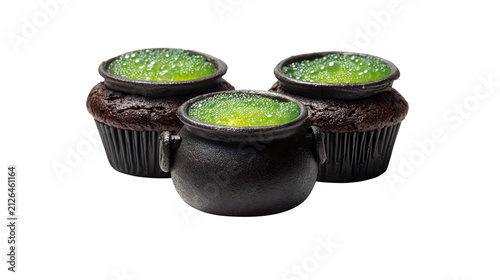 Halloween cauldron cupcakes with green bubbling liquid