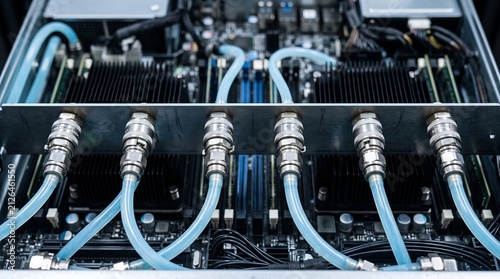 Macro Head On Into an Open Liquid Cooled Server Sled With Five Chrome Quick Disconnect Couplings on a Black Faceplate and Pale Blue Braided Coolant Hoses Looping Toward Camera Technology