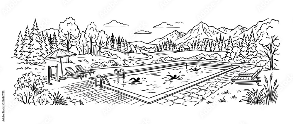 Fototapeta premium Outdoor swimming pool with people swimming, mountain landscape