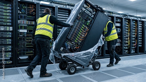 Dynamic Mid Action Shot of Two Hi Vis Workers Maneuvering a Shrink Wrapped Populated Server Rack Tilted Back on a Cart Down a Cold Lit Data Center Aisle Seen From Behind Technology
