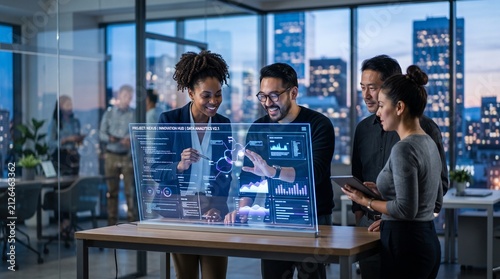 Diverse team of professionals collaborating on futuristic holographic data analytics display in modern office at night