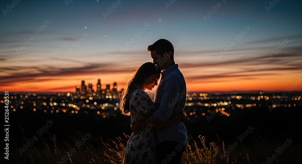 Fototapeta premium Couple embracing against a bokeh city skyline at night.