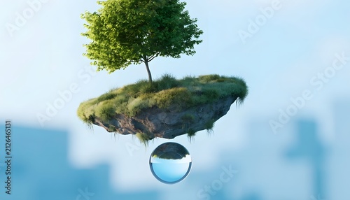 Floating green island with tree surrounded by blue sky atmosphere