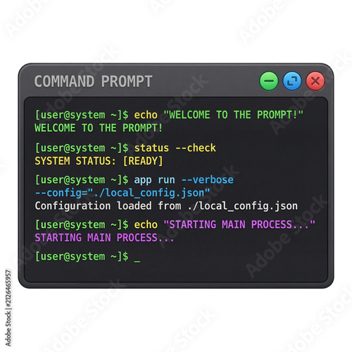 Command prompt window displaying colorful system lines and terminal code on a white background