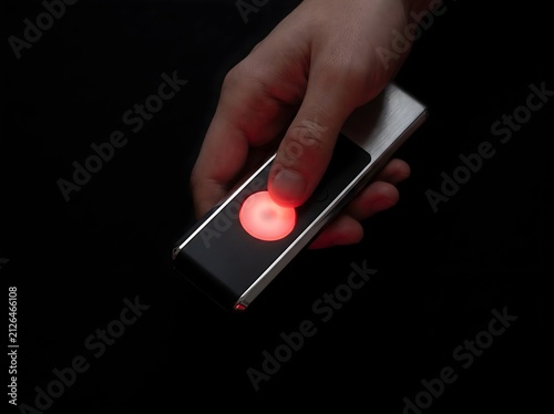 Close up of a person using a thumb to press a glowing red button on a remote control