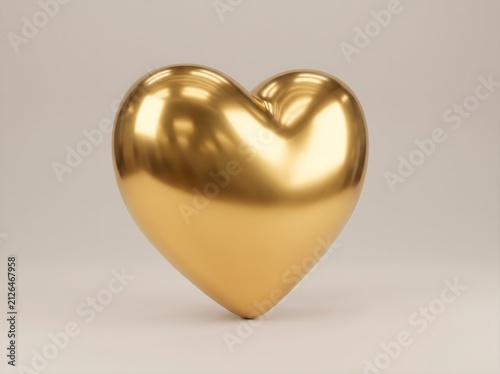 A shiny three dimensional golden heart isolated on a neutral light grey background for romantic concepts