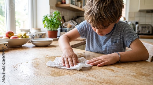 boy cleaning table with napkin