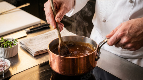 Chef gently stirring brown sauce in a copper saucepan with a wooden spoon
