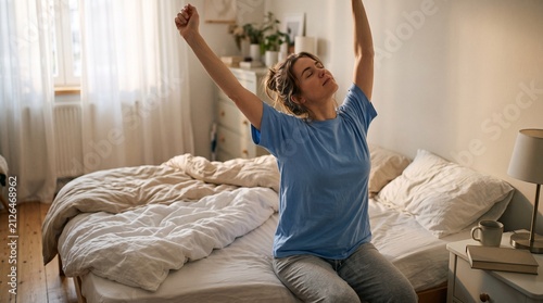 Woman stretching arms up in bed waking up in the morning sunlight streaming through window