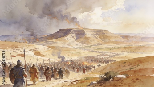 Ancient army marching toward burning mountain. Biblical battle of Armageddon and Apocalypse prophecy. Medieval crusader soldier troop advancing under smoke clouds. Historical war scene.